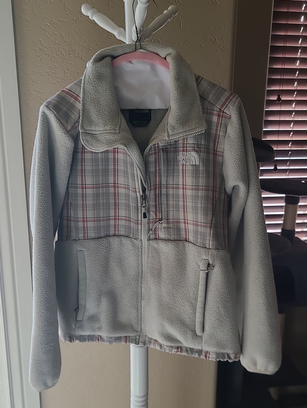 The North Face Light Gray Fleece Jacket with Plaid Panels